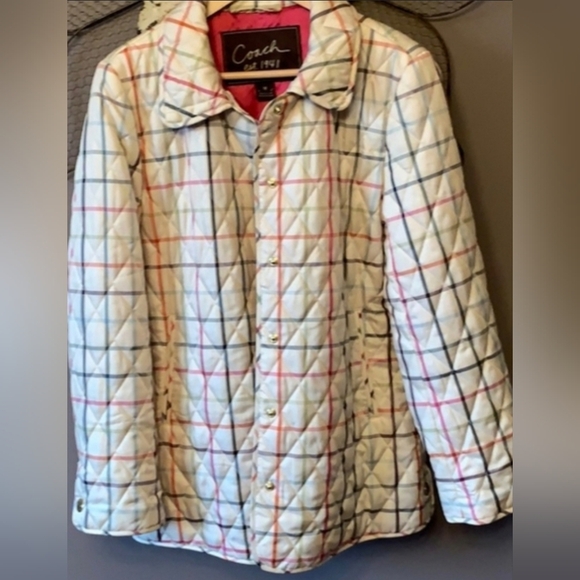 Coach Women's Cream Multicolor Plaid Puffer Jacket - Picture 1 of 5